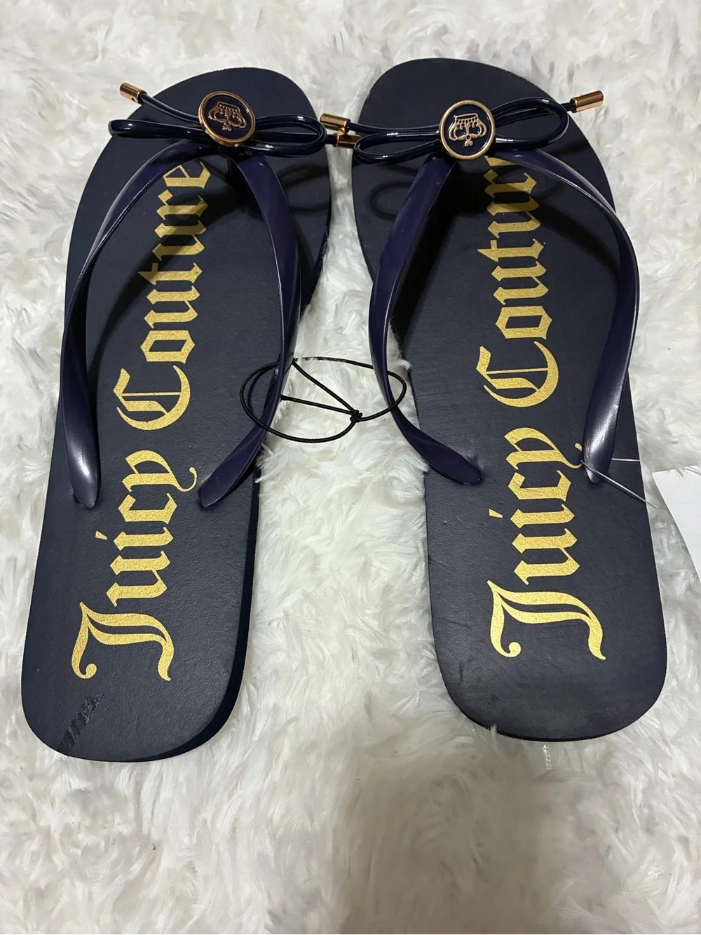 Juicy Couture Navy Gold Logo Bow Flip Flop Sandals